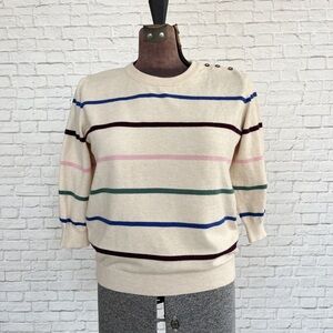 ModCloth striped sweater 3/4 sleeve cream colored gem stone color stripes Large